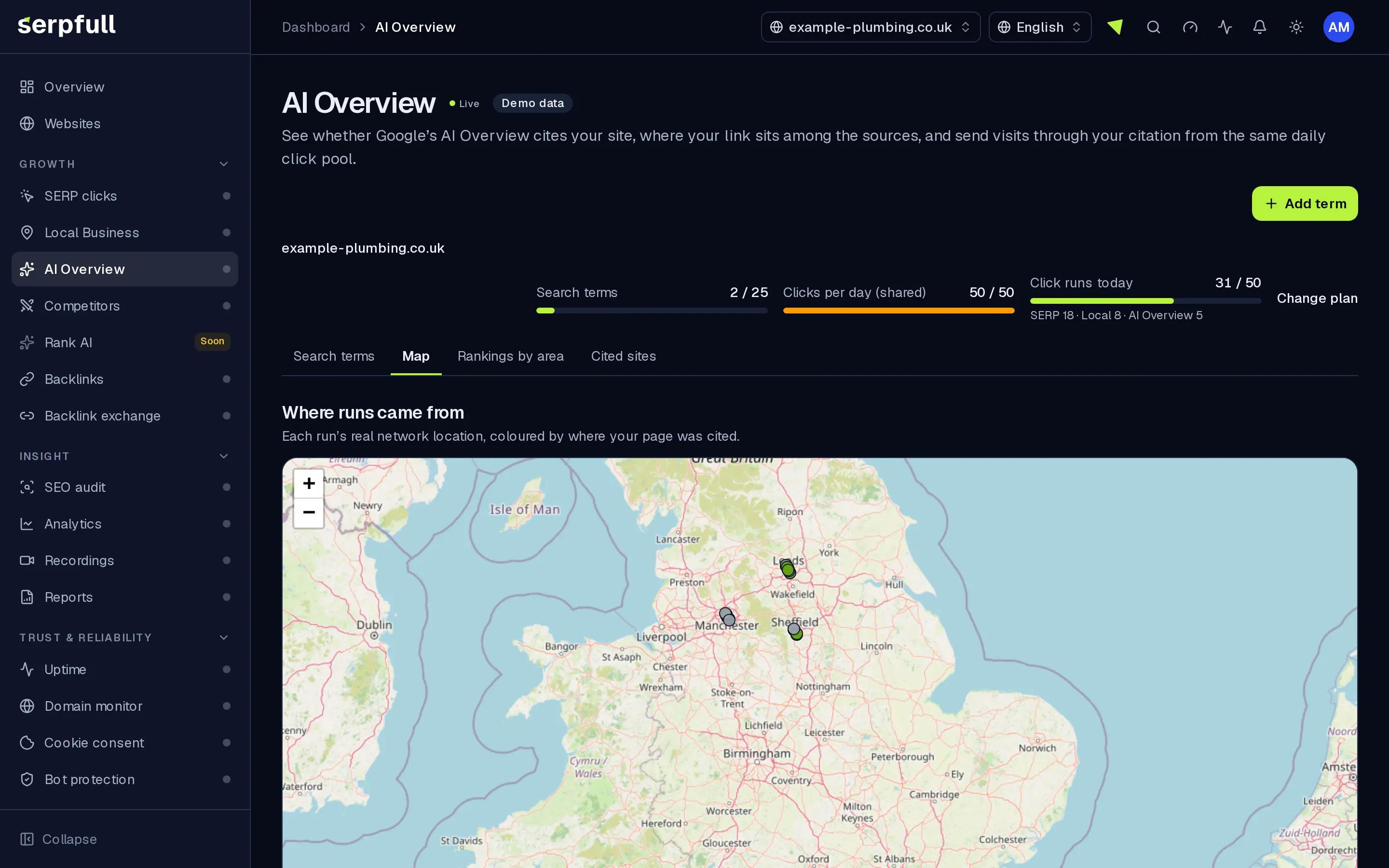 AI Overview map with sample runs and citation results by location