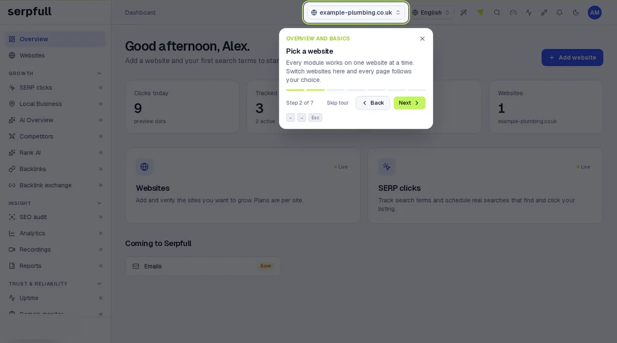 A guided tour step highlighting the website switcher, with a card that explains it and Back and Next buttons