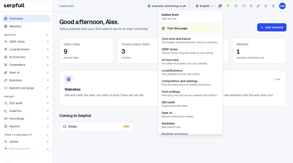 The guided tours menu open under the wand icon in the dashboard header, listing a tour for each module
